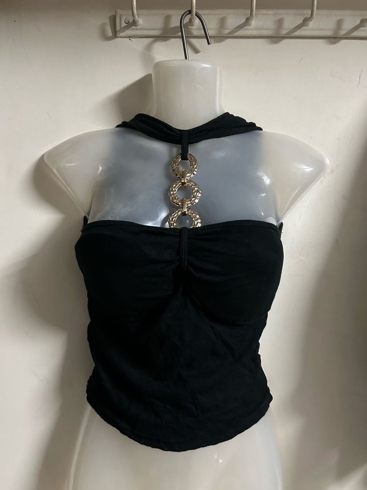 Chic Black Halter Top with Gold Chain Detail