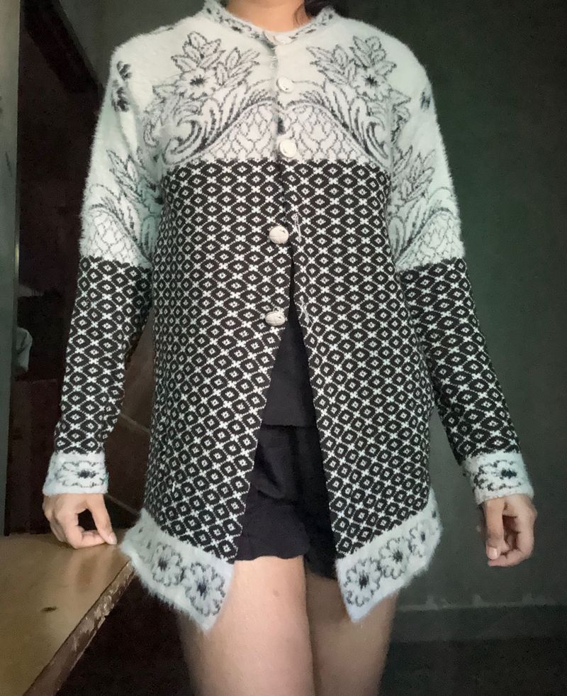 Black &amp; White Floral Knit Cardigan