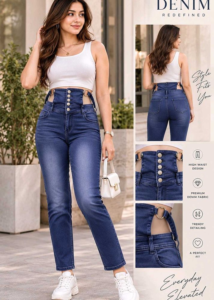 High Waist Ripped Jeans with Button upRings