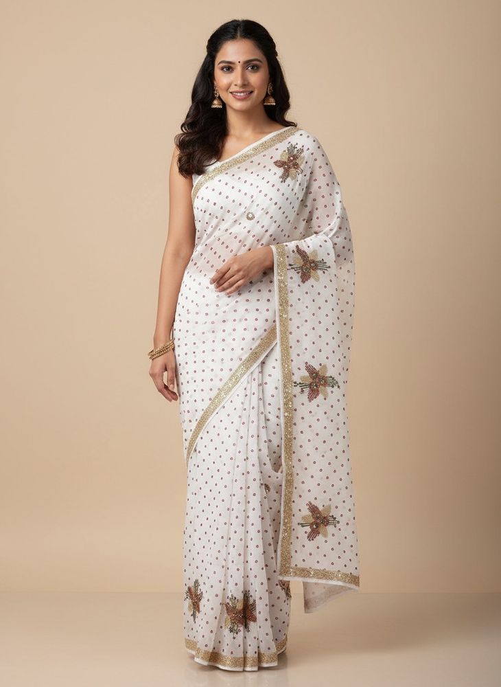 Embroidered white saree