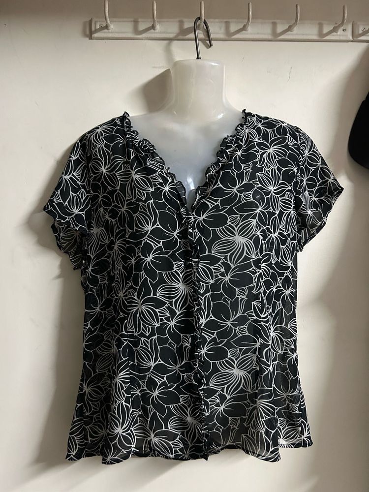 Black Floral V-Neck Ruffle Top