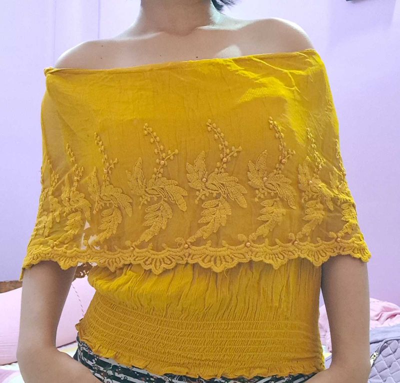 Off-Shoulder Embroidered Yellow Top