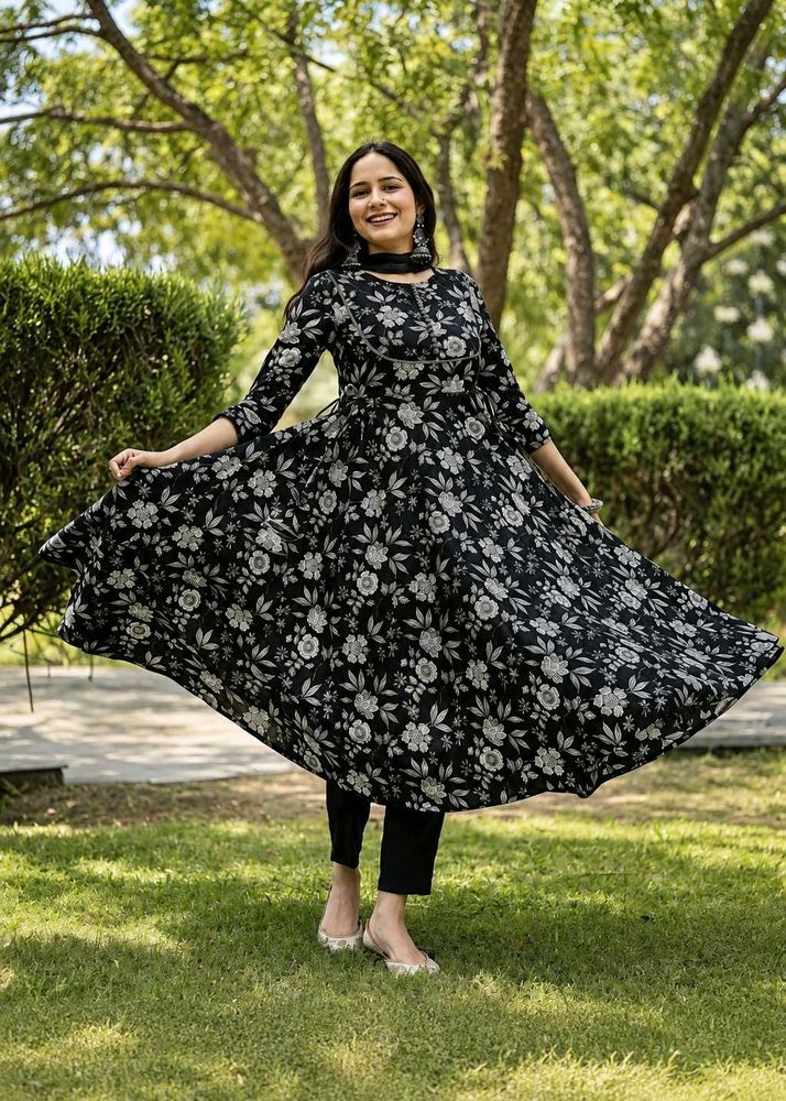 BLACK COTTON FLORAL Anarkali SET