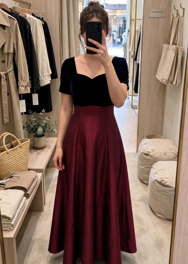 Fix price ❌Elegant Black Velvet &amp; Burgundy Dress