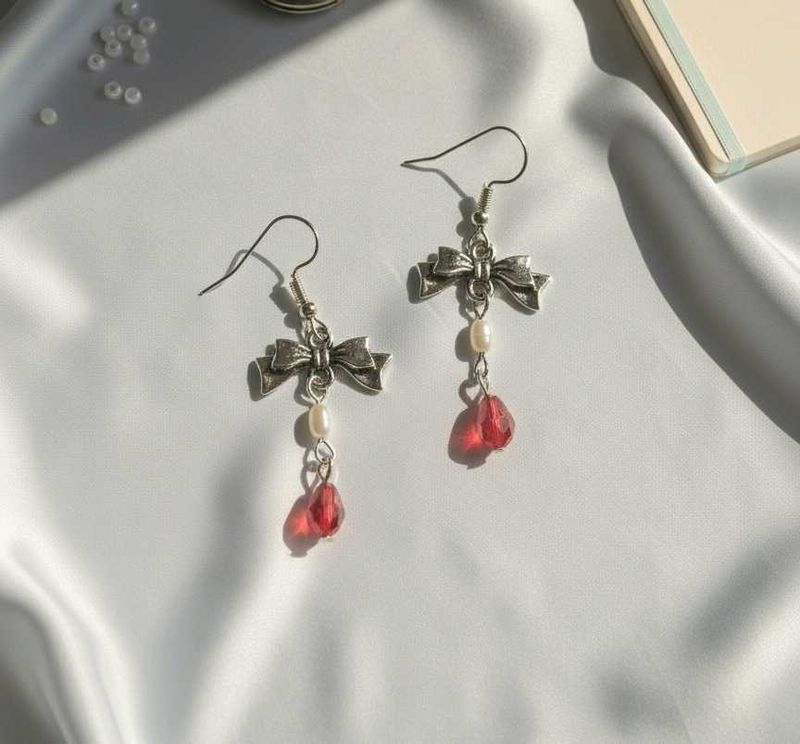 Bow &amp; Red Drop Earrings