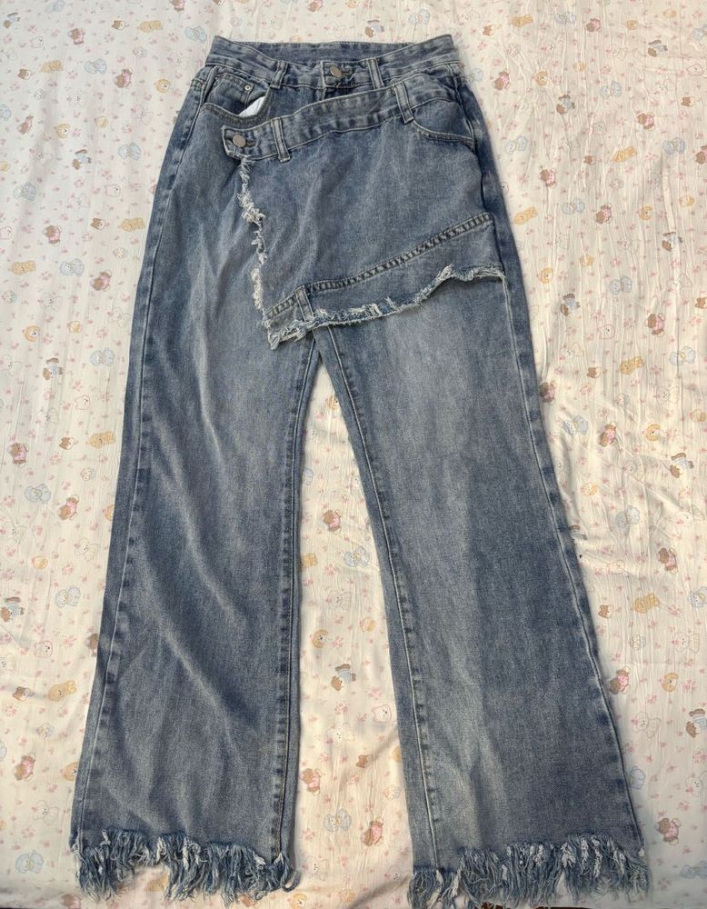 Distressed Wide-Leg Denim Jeans with Skirt Overlay