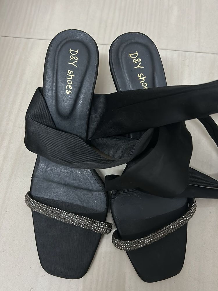 Elegant Black Tie-Up Heels with Rhinestone Straps