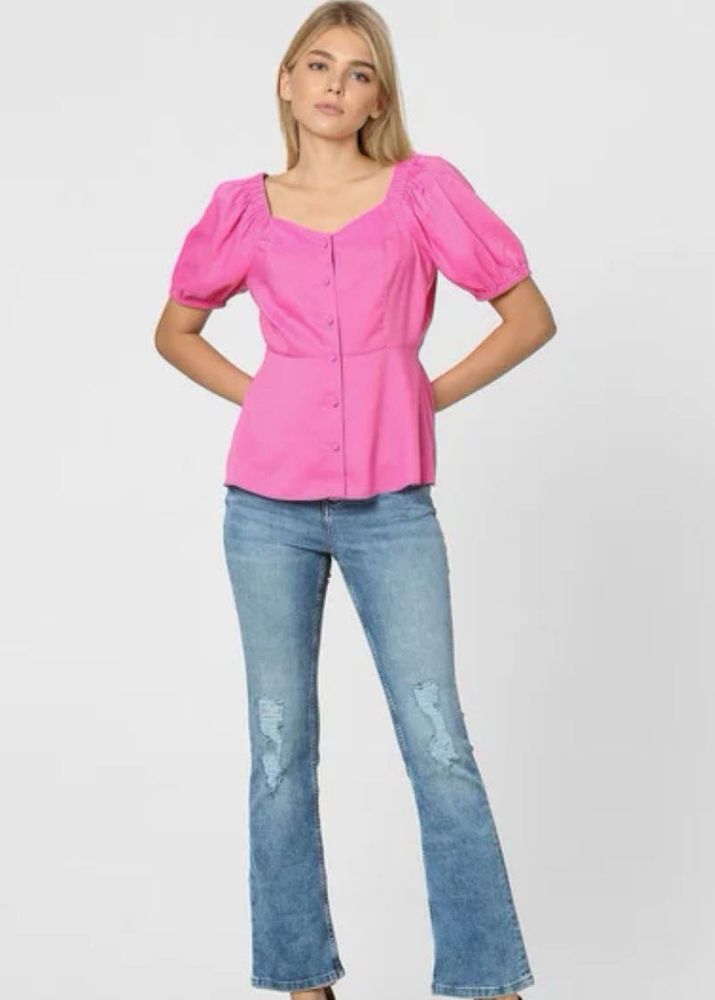 Pink Puff Sleeve Button-Up Top