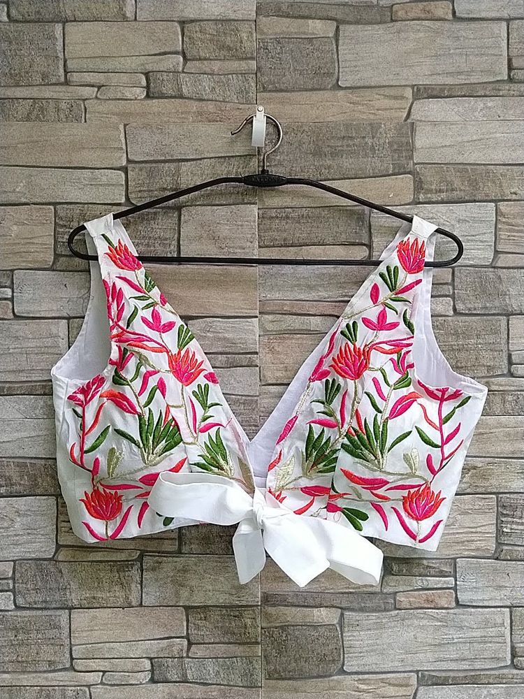 Embroidered White Blouse with Tie-up fix price