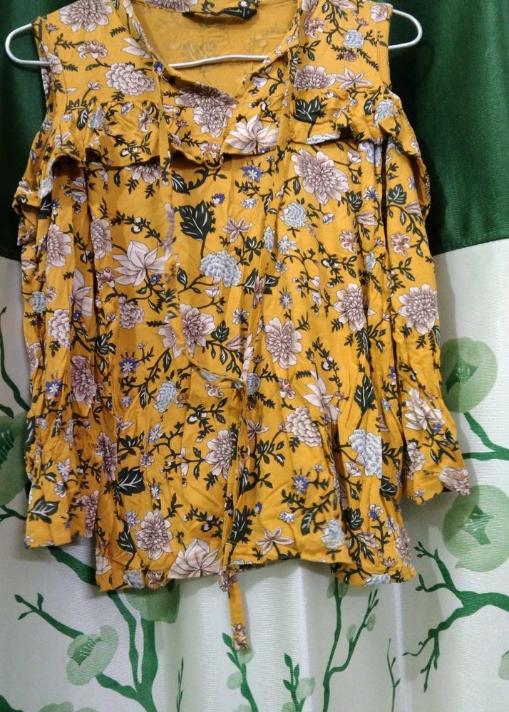 Yellow Floral Cold Shoulder Top