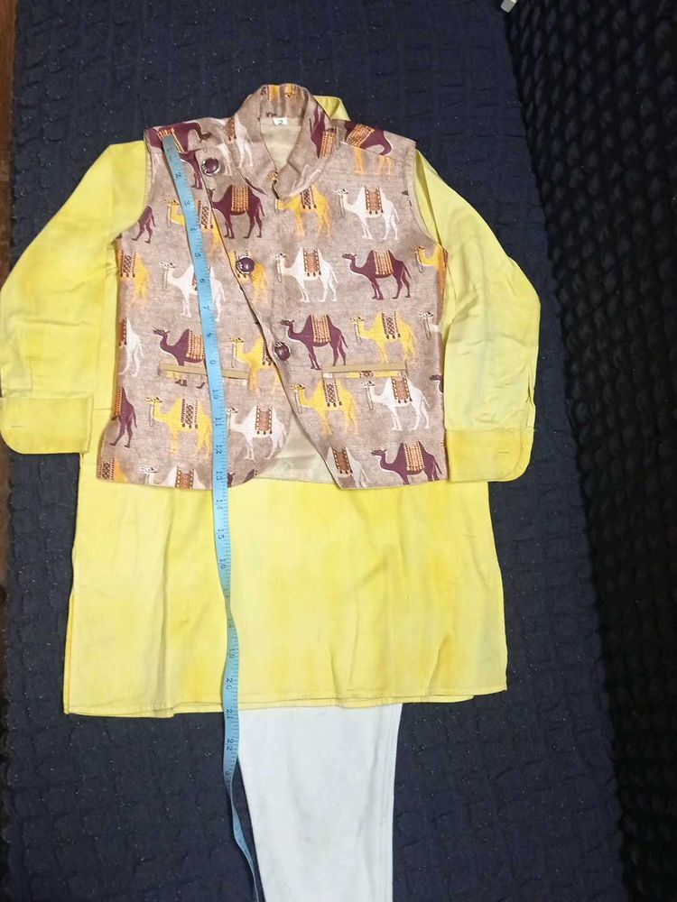 Boys Yellow Kurta with Camel Print Waistcoat