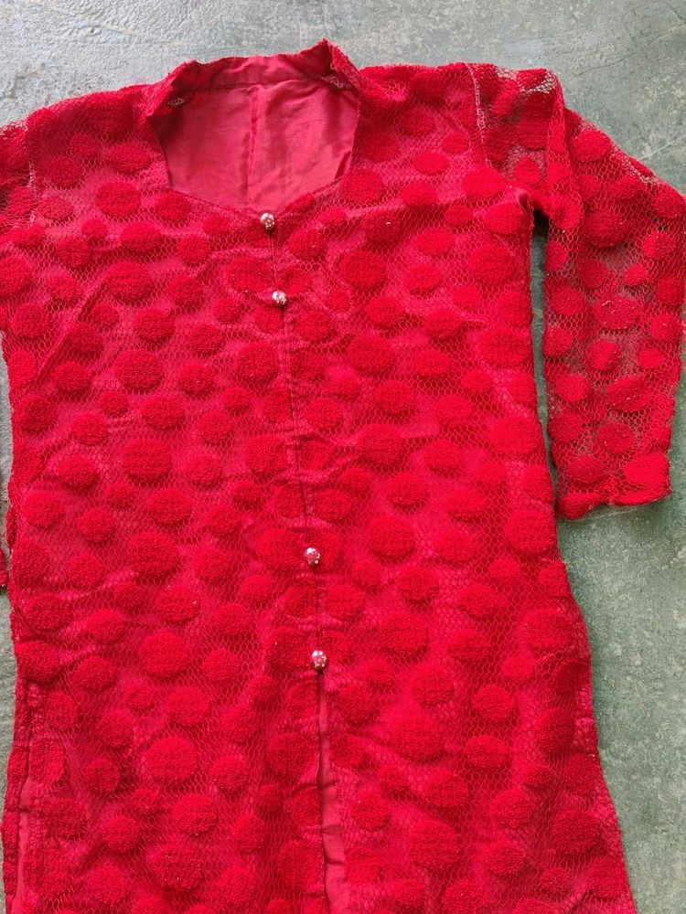 Red Textured Button-Down Top