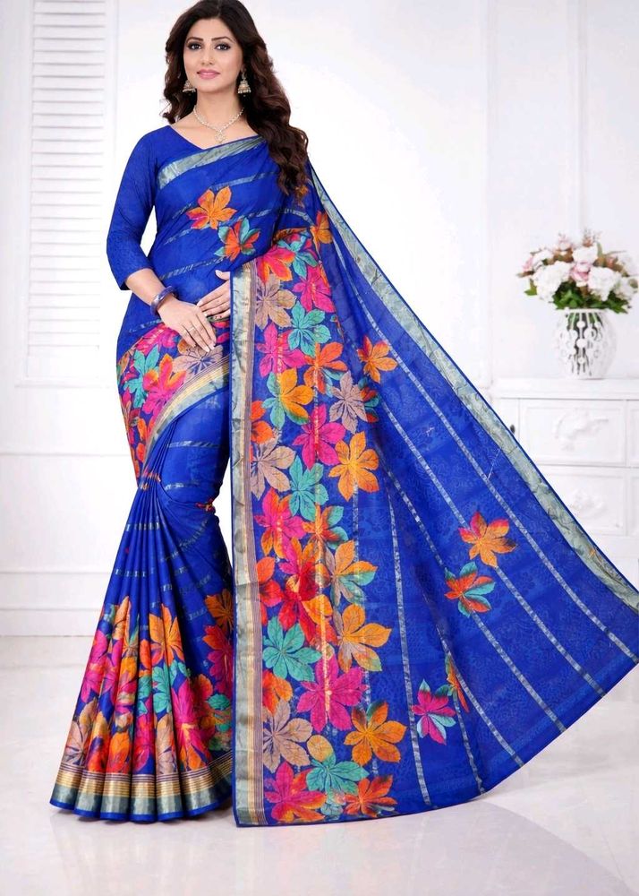 Elegant Blue Floral Print Saree