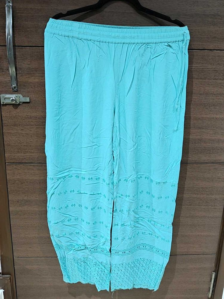 Turquoise Embroidered Palazzo Pants