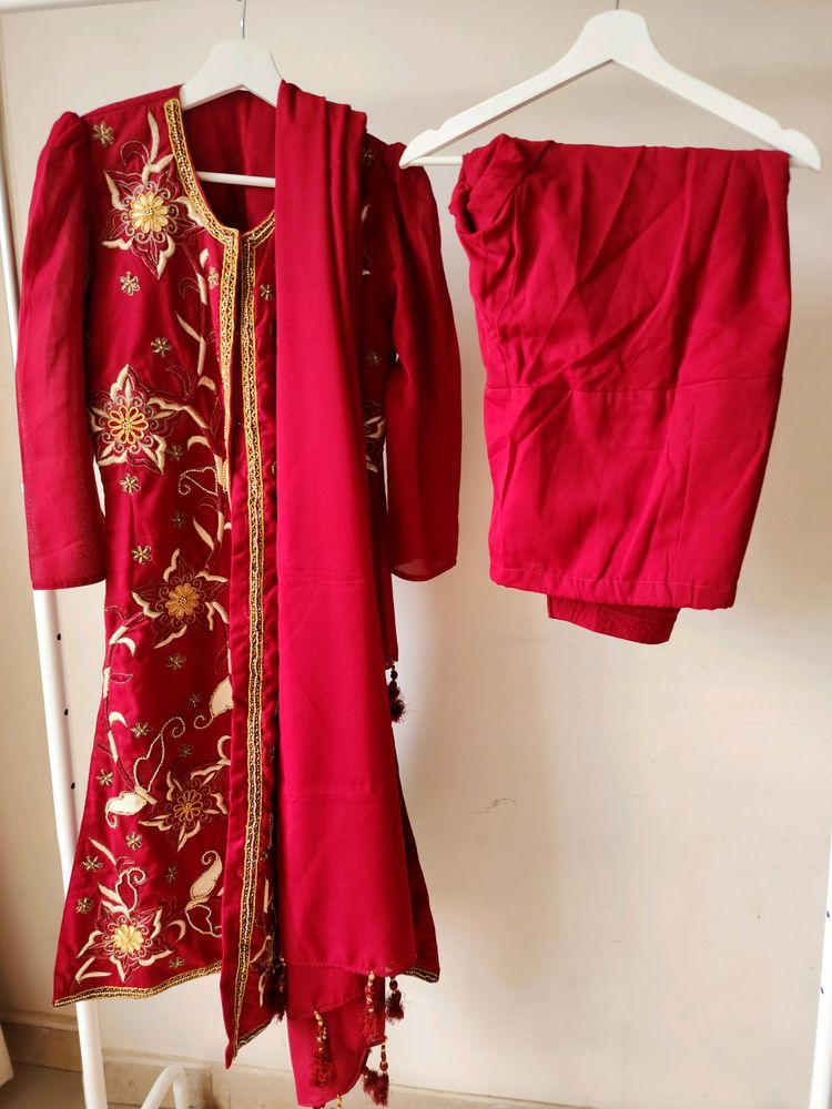 Georgette Heavy Embroidered Stitched Suit. Jacket Style Open Kurta(closed with hooks),salwar &amp; Dupatta