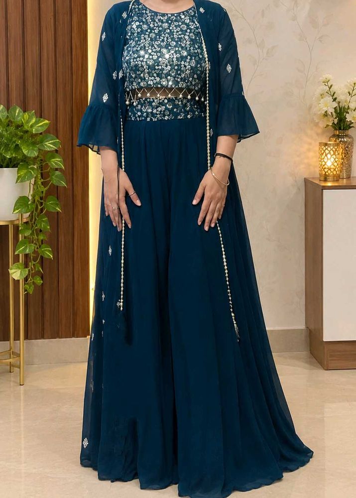 Stunning Teal Sequined Ethnic Jacket Dress