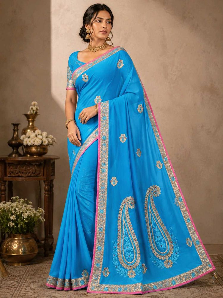 Stunning sky Blue Embroidered Saree🩵