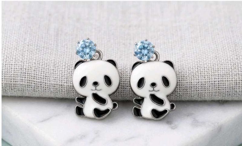 Cute Panda Earrings with white Gems