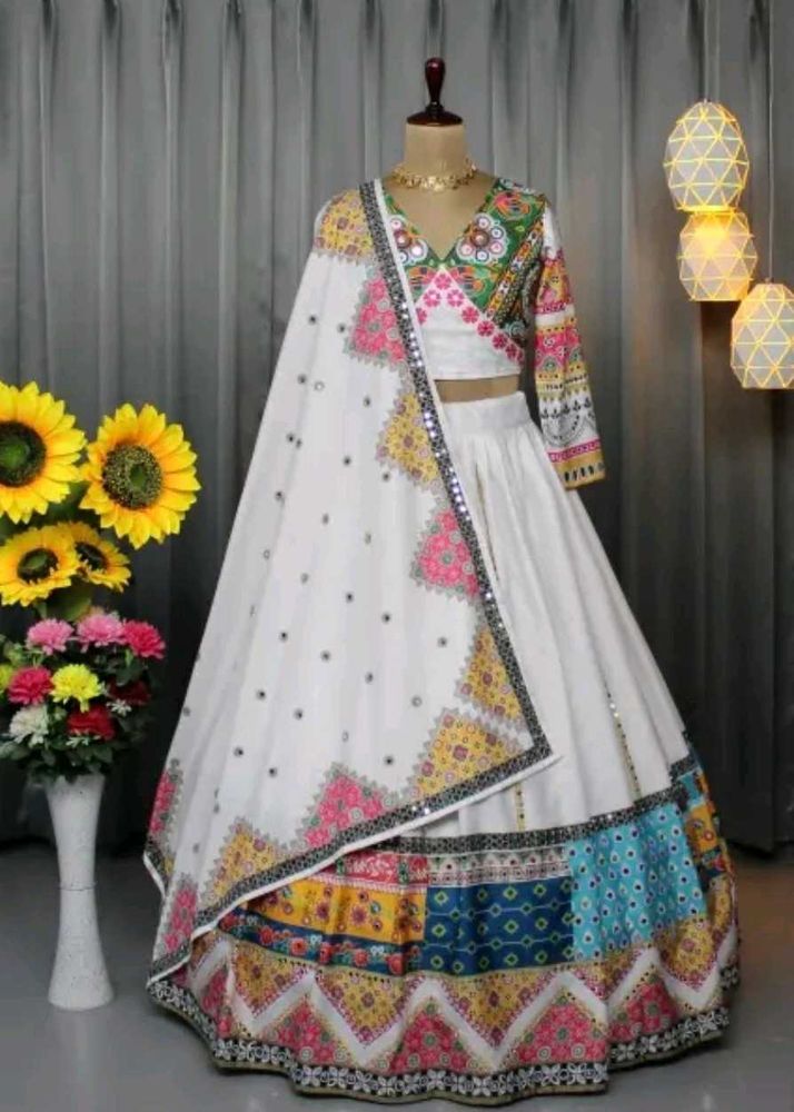Stylish White Lehenga with Colorful Border
