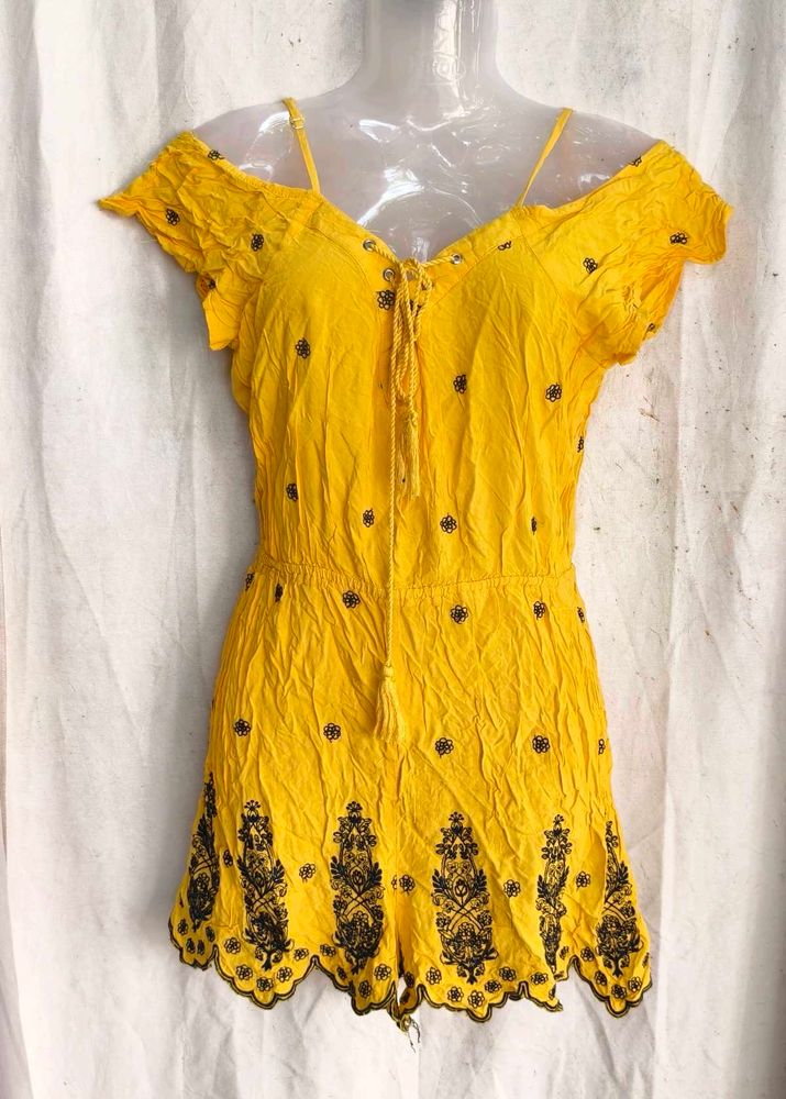 Yellow Embroidered Off-Shoulder Romper