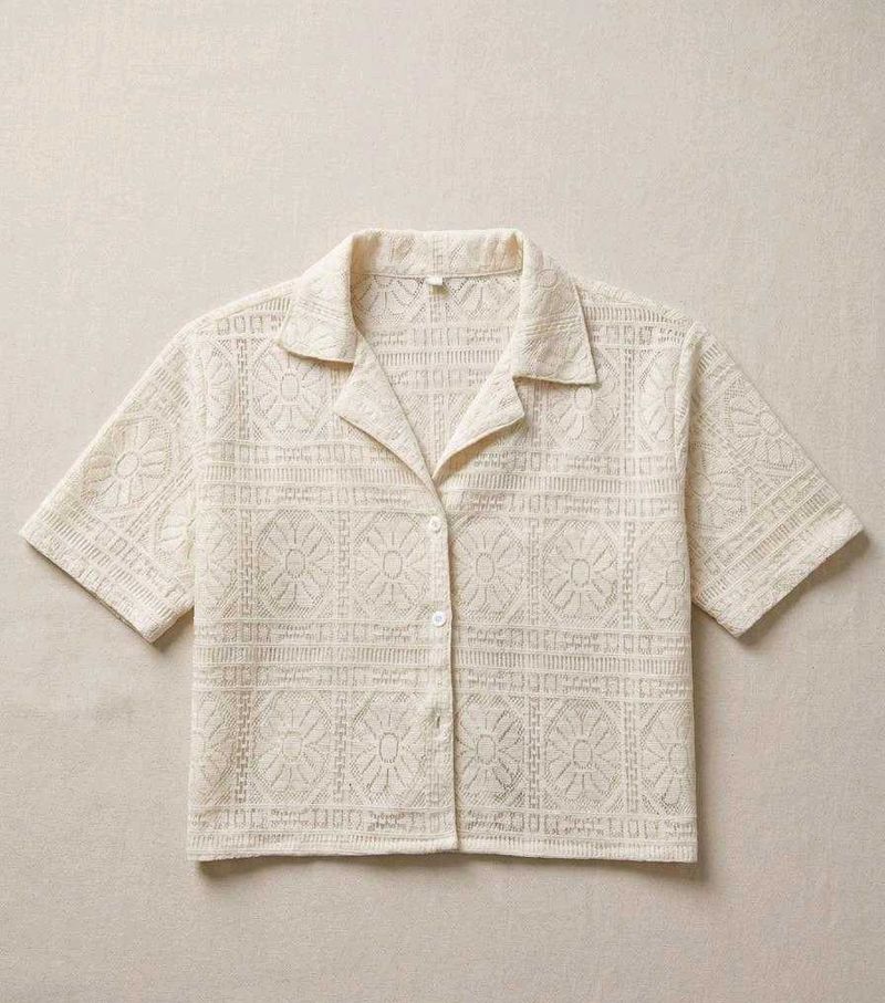 Cream Textured Short Sleeve Button-Up Top
