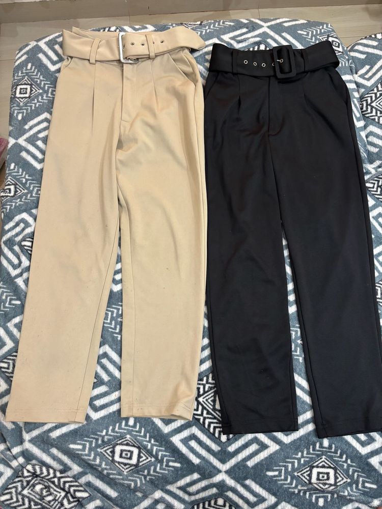Stylish High-Waisted Belted Pants - Black &amp; Khaki