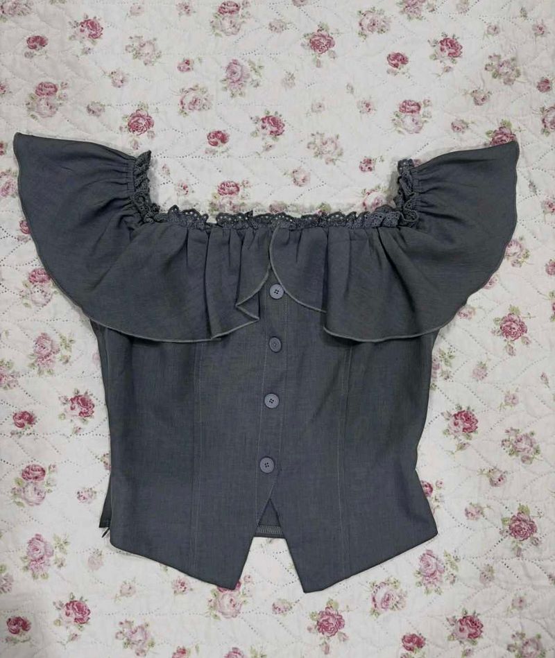 Grey Ruffled Off-Shoulder Top
