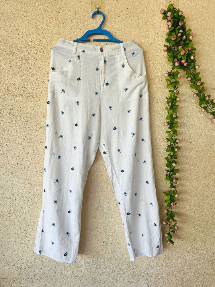 Chic Embroidered White Linen Pants
