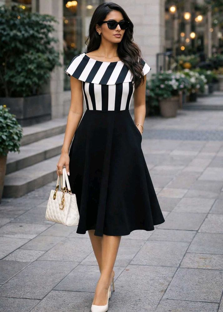 🇳🇿💫🎀Chic Striped &amp; Black Fit and Flare Dress
