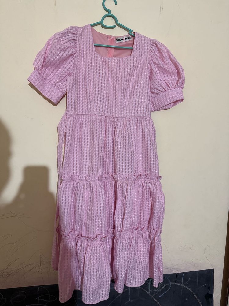 Pink Puff Sleeve Tiered Midi Dress