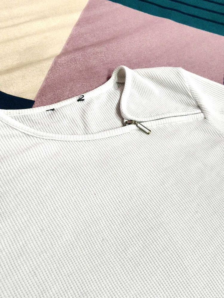 White Textured Zipper Top