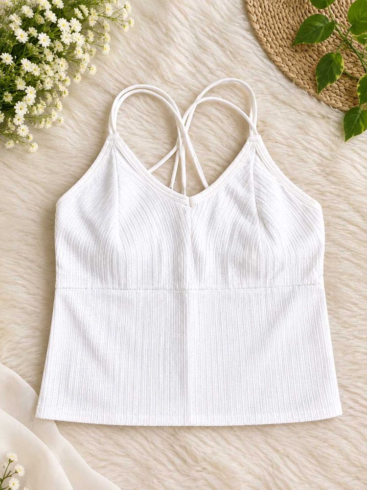 White Ribbed Criss-Cross Strap Cami Top
