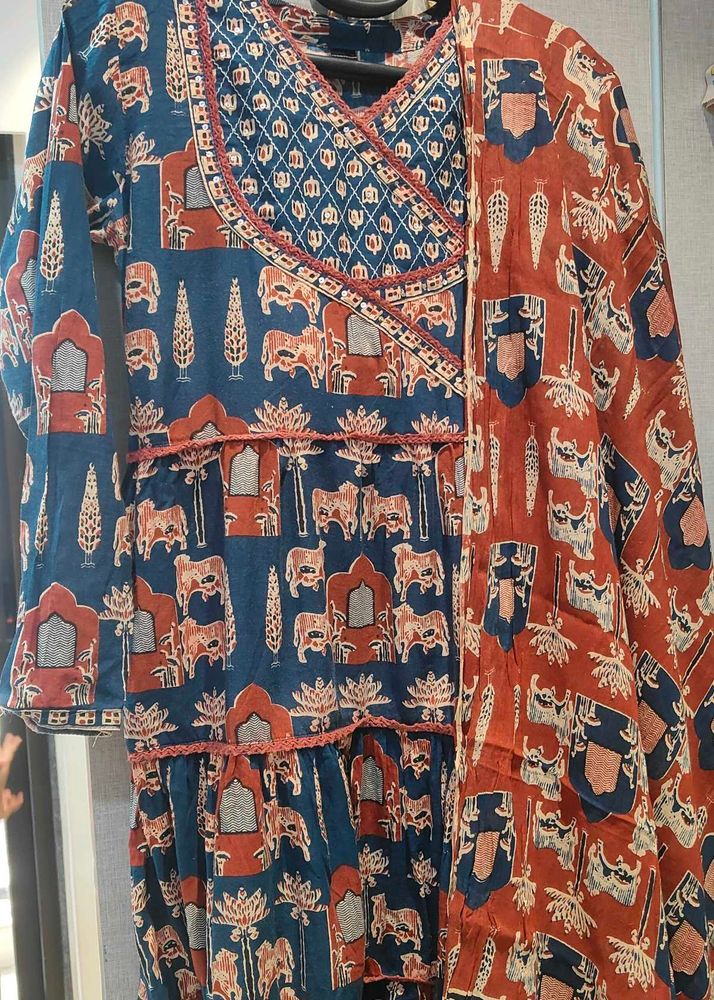 Blue &amp; Red Block Print Kurta Set