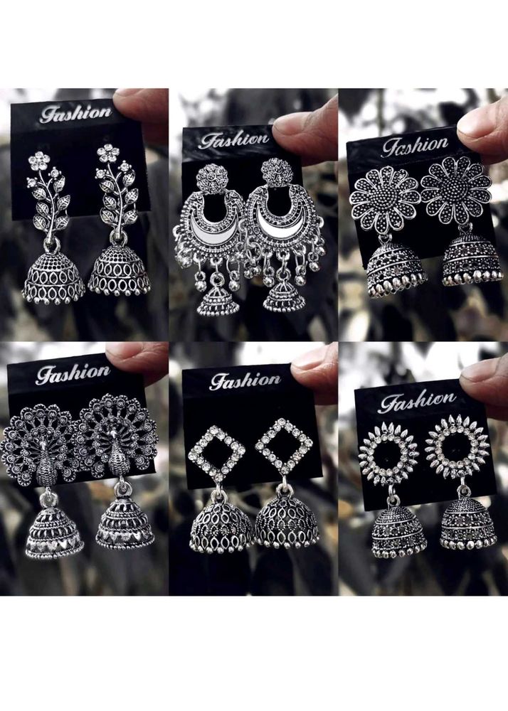 Fashion Jhumka Earrings - Silver Tone 6 st