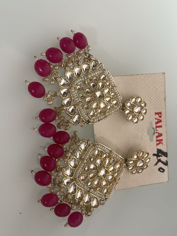 Yellow Enamel Jhumka And Rani Kundan  Earrings
