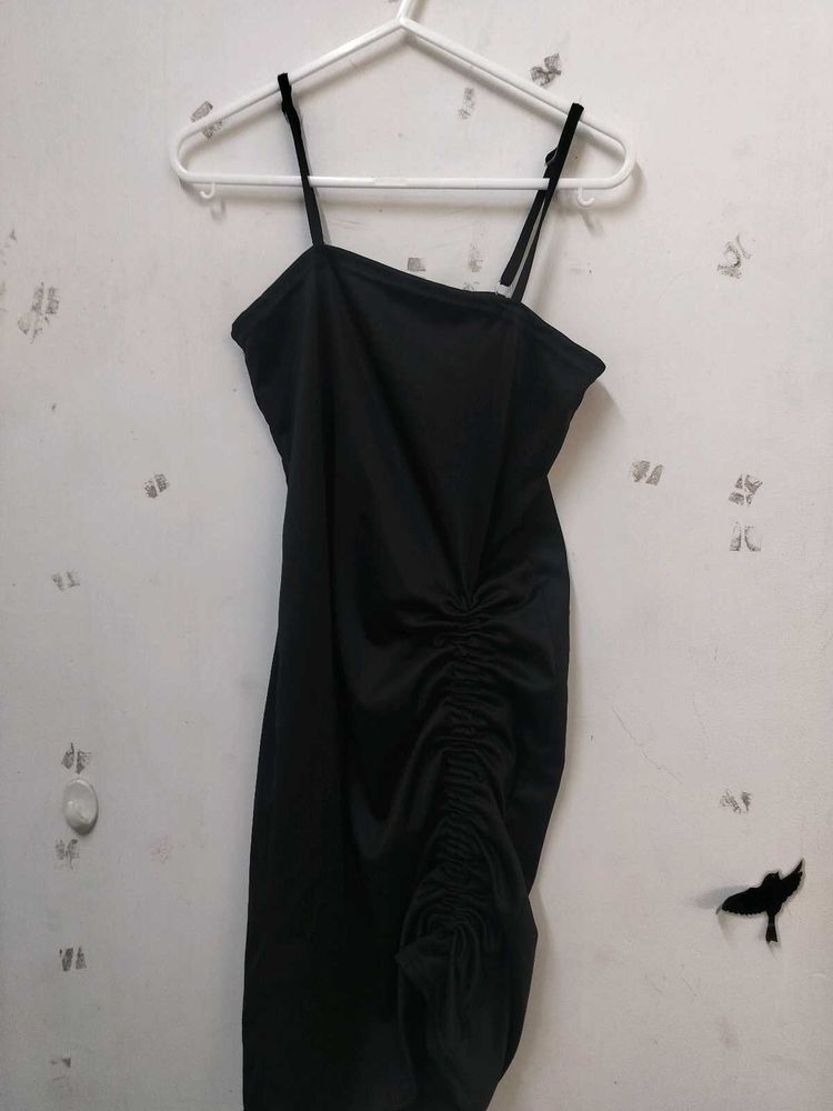 Chic Ruched Black Spaghetti Strap Dress