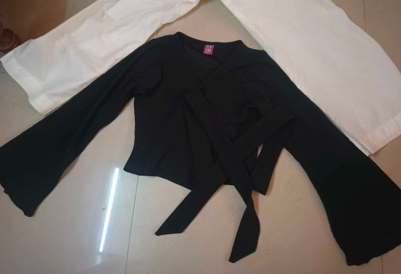 Chic Black Bell Sleeve Wrap Top