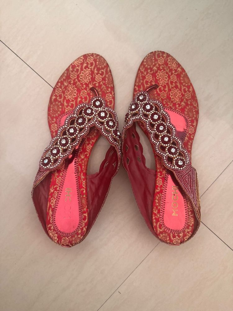Embellished Red Ethnic Flip Flops