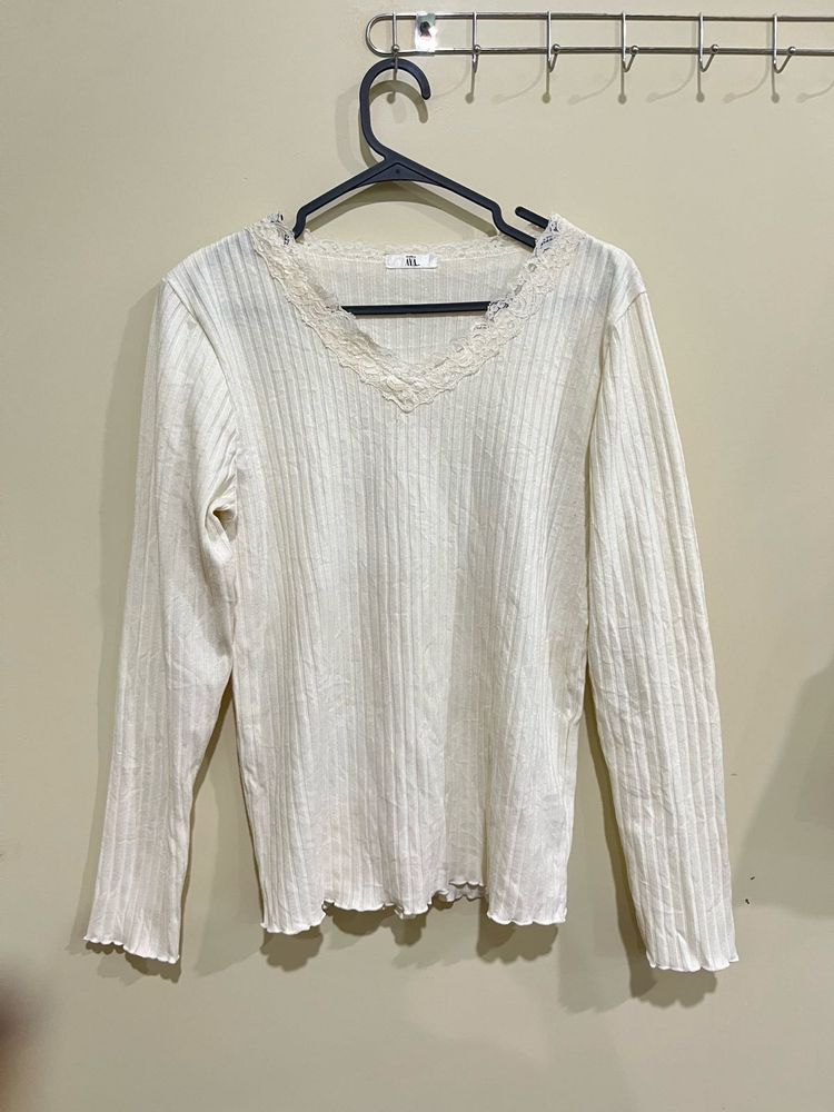 Cream Lace Trim Long Sleeve Top