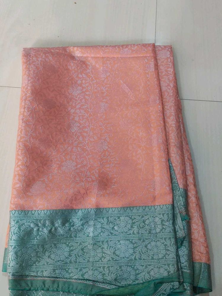 Elegant Peach Silk Saree with Green Border