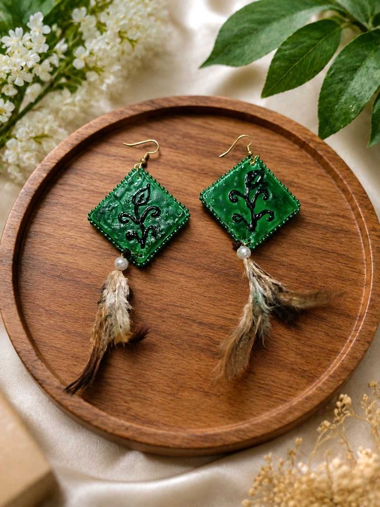 Handmade Emerald Green Feather Earrings