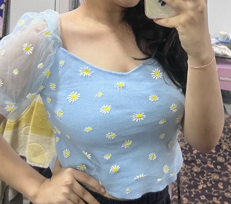 Cute Daisy Print Puff Sleeve Top