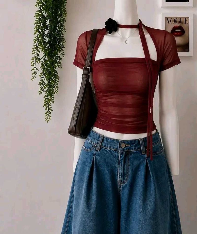 Sheer Mesh Top with Neck Accessory