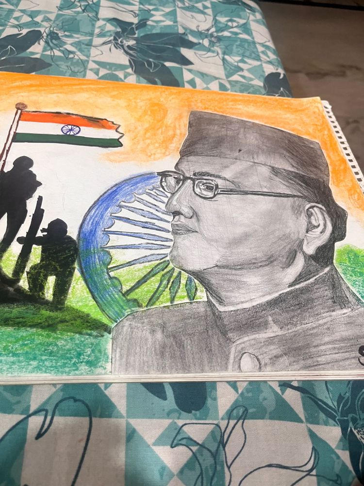 A handmade drawing of netaji and pushpa