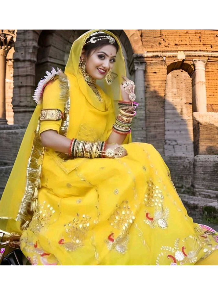 Vibrant Yellow Embroidered rajputi poshak Lehenga