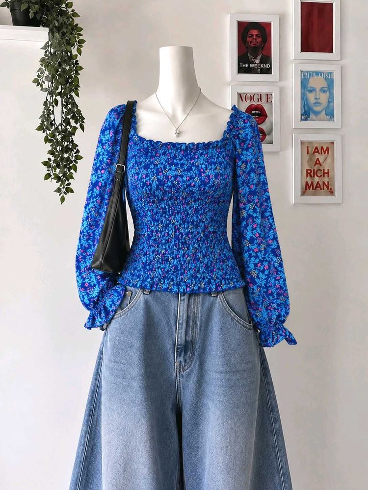 Blue Floral Smocked Square Neck Top