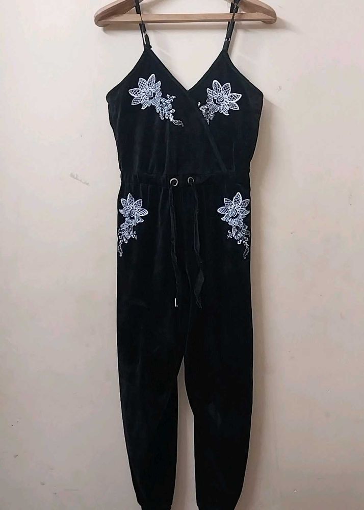 Black velvet Velour Embroidered Jumpsuit