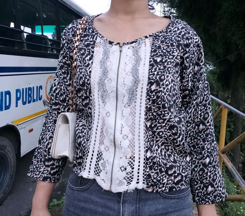 Leopard Print Lace Zip-Up Top