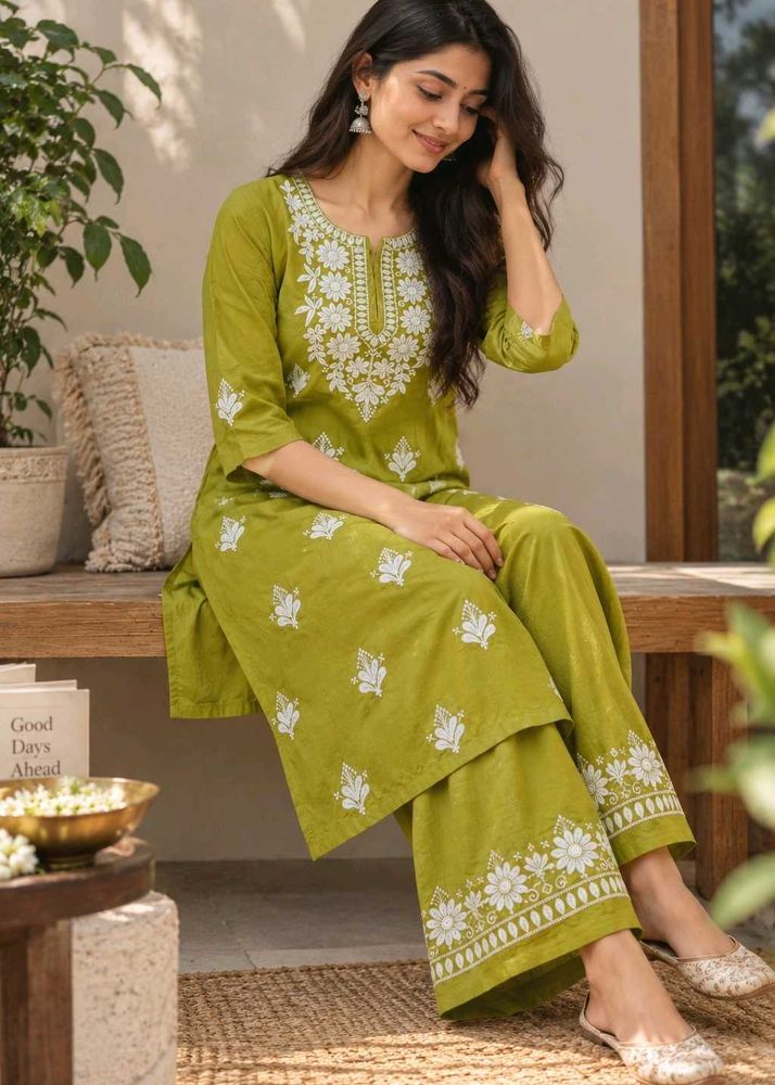 Lucknow Chikankari  Green Embroidered Kurta Set