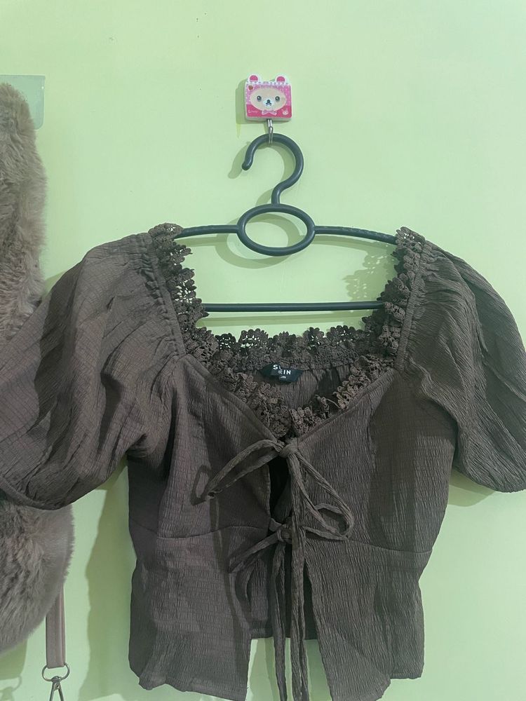Smocked Lace Trim Puff Sleeve Top